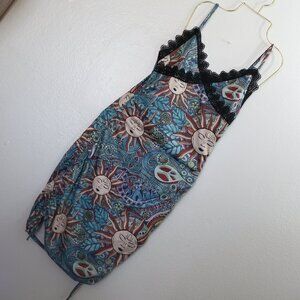 Romwe Sun & Zen Print Adjustable Ruched Dress | Lace Trim | Size Small | NWT